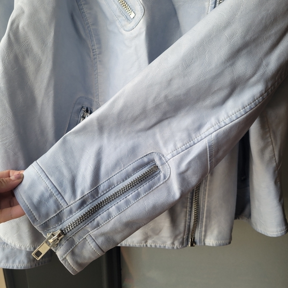Chico's Jacket 3 Light Blue Faux Leather Zip Cafe Racer Motorcycle Biker Women 3 - Picture 4 of 12